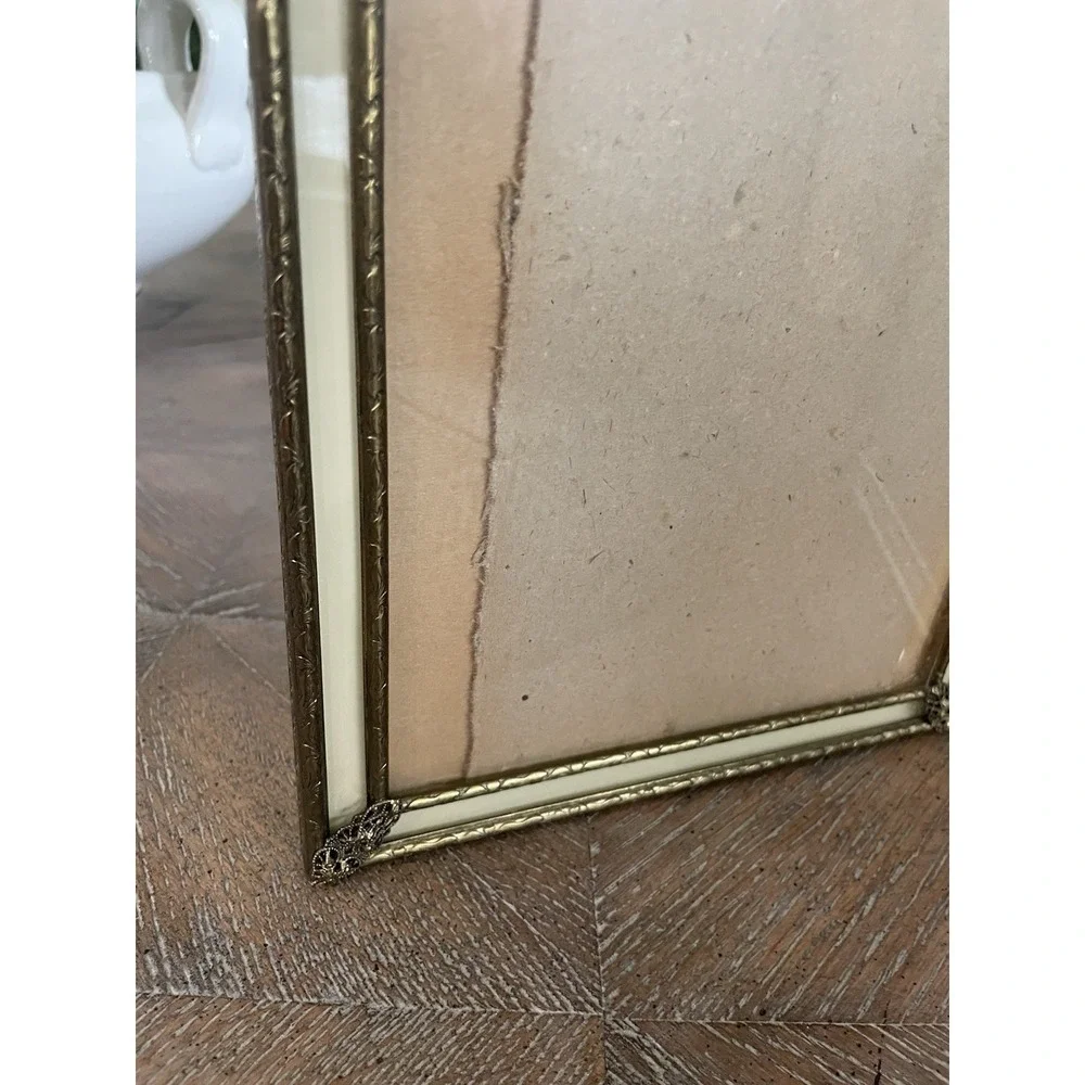Vtg MCM  Bifold Hinged Double Boarder Picture Frame 8x10 Ornate Gold Tone Metal